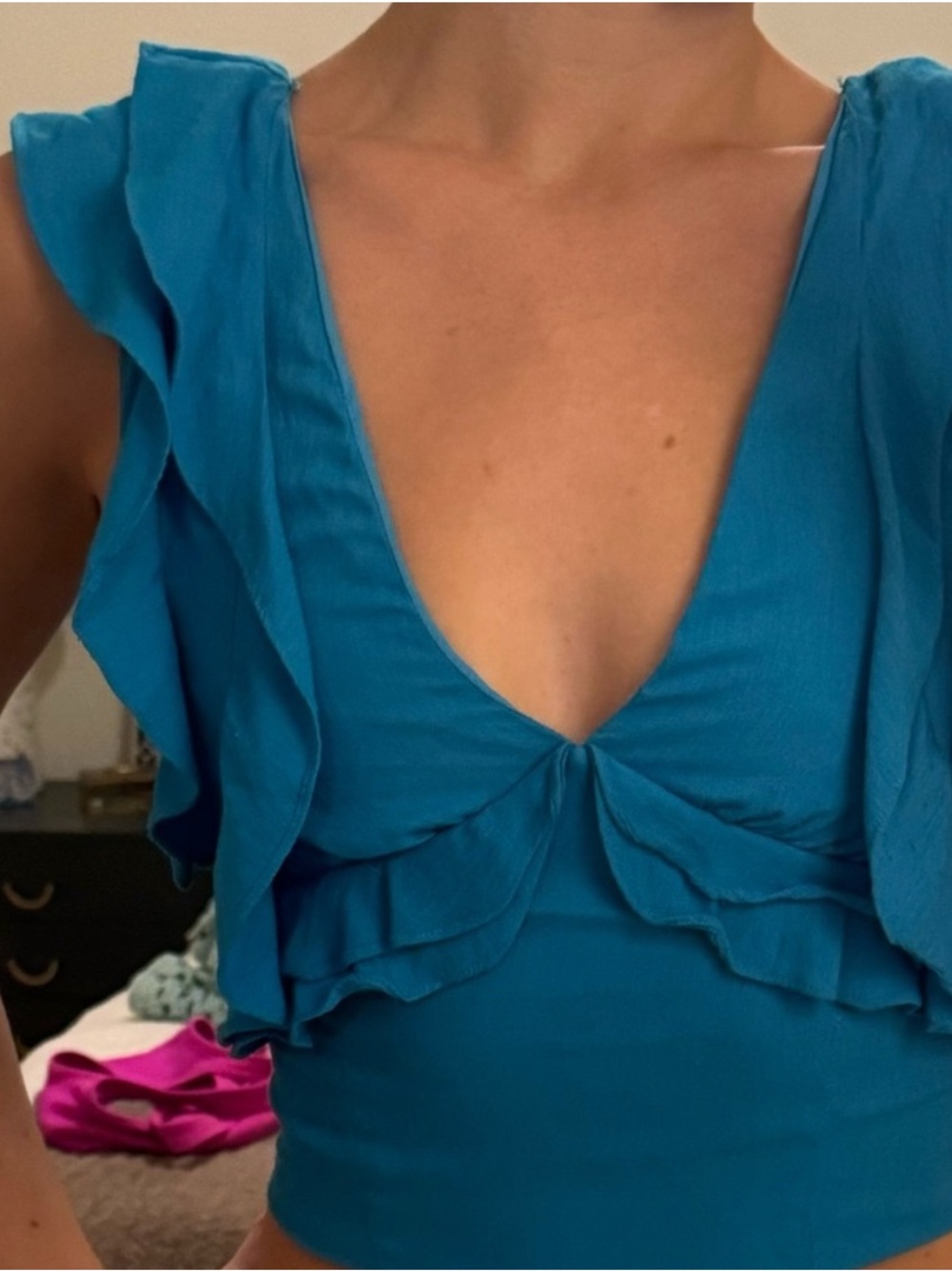 Two Cumberland Teal Ruffled Deep V Crop Top